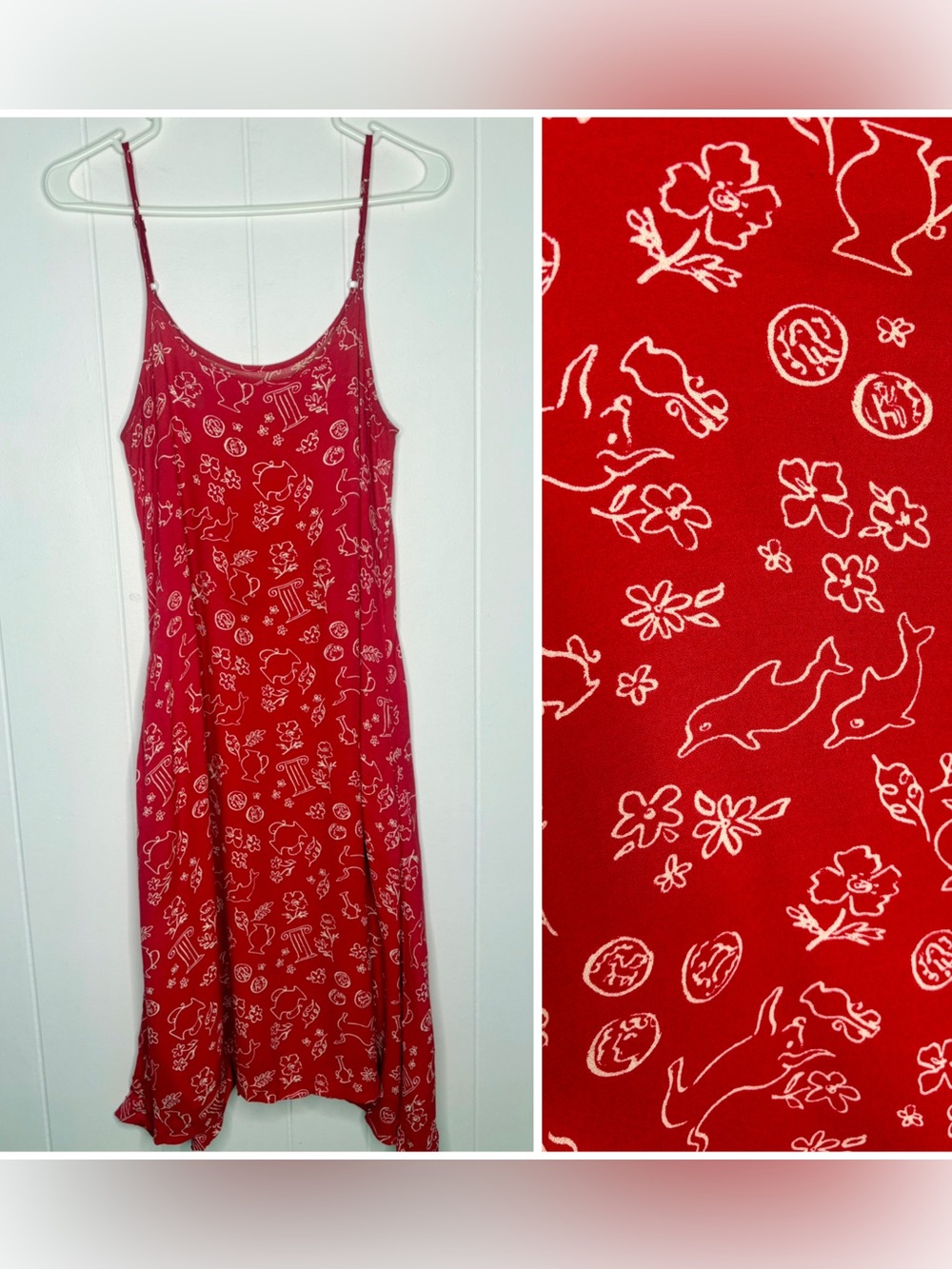 Tuesday of California Red Rayon Slip Dress Midi Printed Bulls Dolphins Zodiac